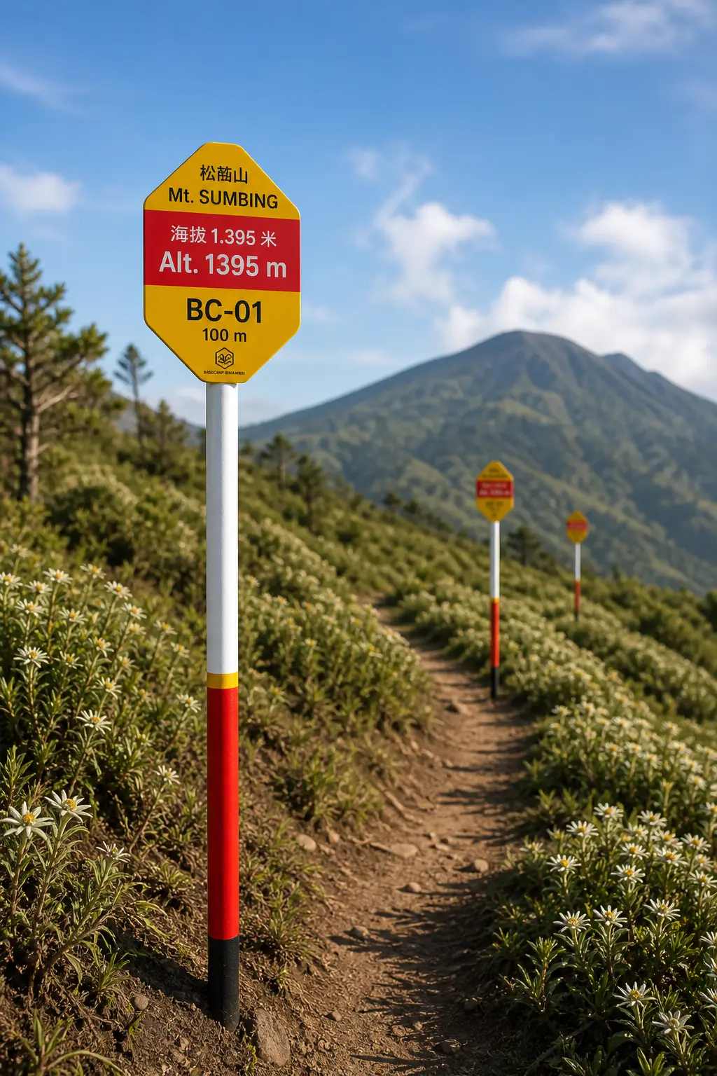 Patok jalur di sepanjang trek pendakian