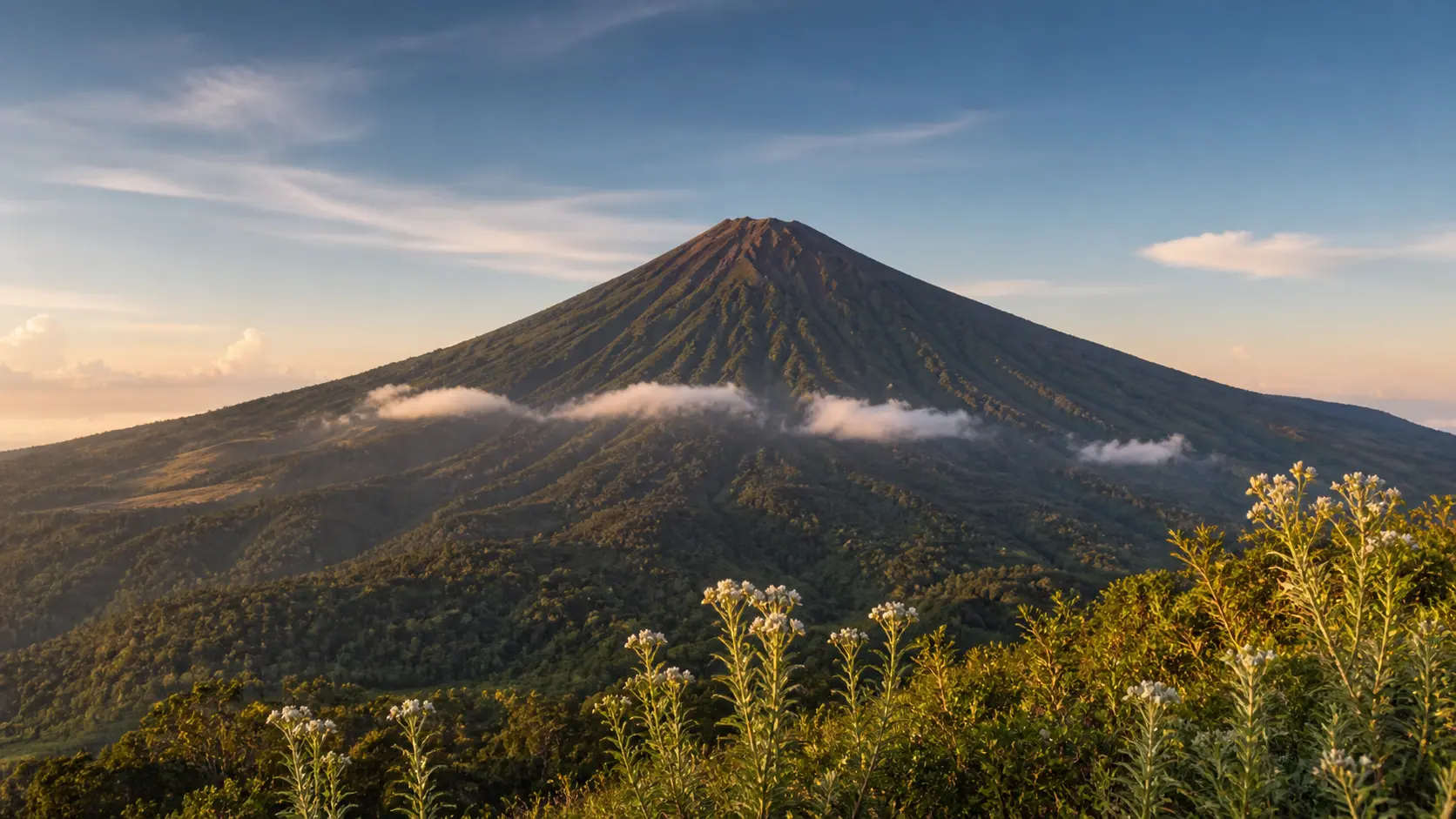 Puncak Gunung Sumbing dengan bunga edelweiss di depannya
